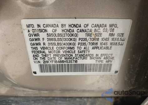 2006 Honda Pilot Ex из США, поврежденный, VIN 2HKYF18466H535716